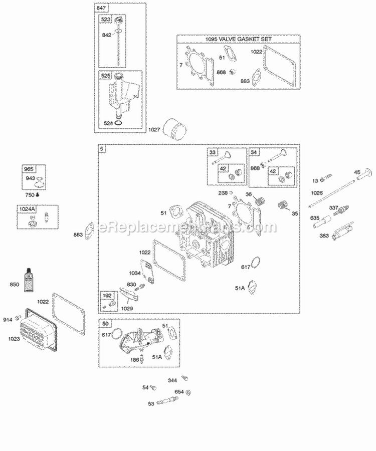 Cylinder Head Gasket Set - Valve Lubrication Valves Diagram and Parts List for 31B775-0122-E1  Briggs and Stratton Engine